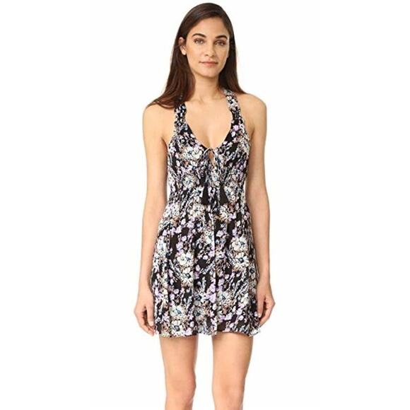 Free People Washed Ashore Black Floral Print Twist Back Mini Dress Size M - Picture 1 of 14